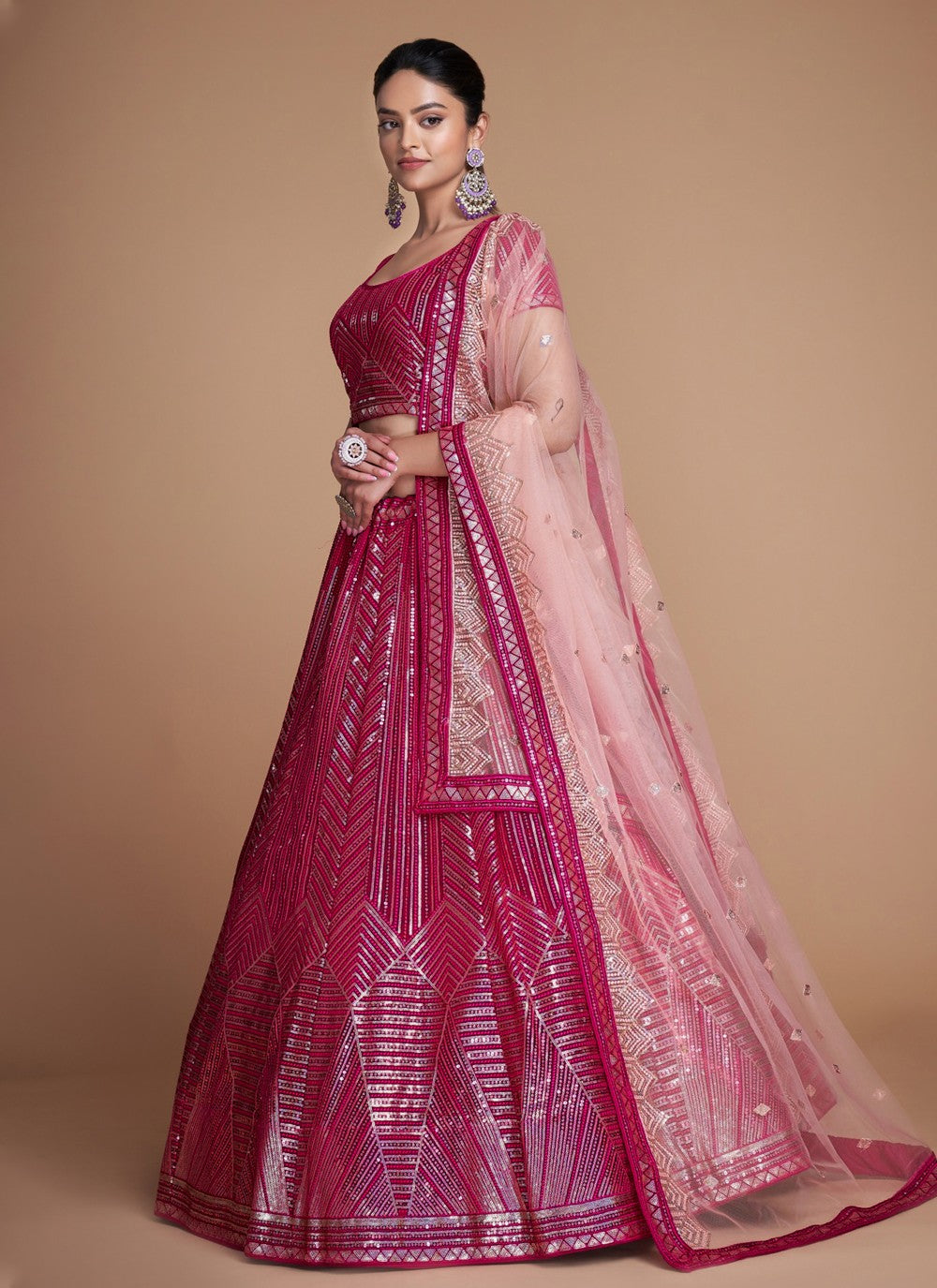 Pink Pakistani Georgette Lehenga Choli For Indian Festivals & Weddings - Sequence Embroidery Work, Thread Embroidery Work,