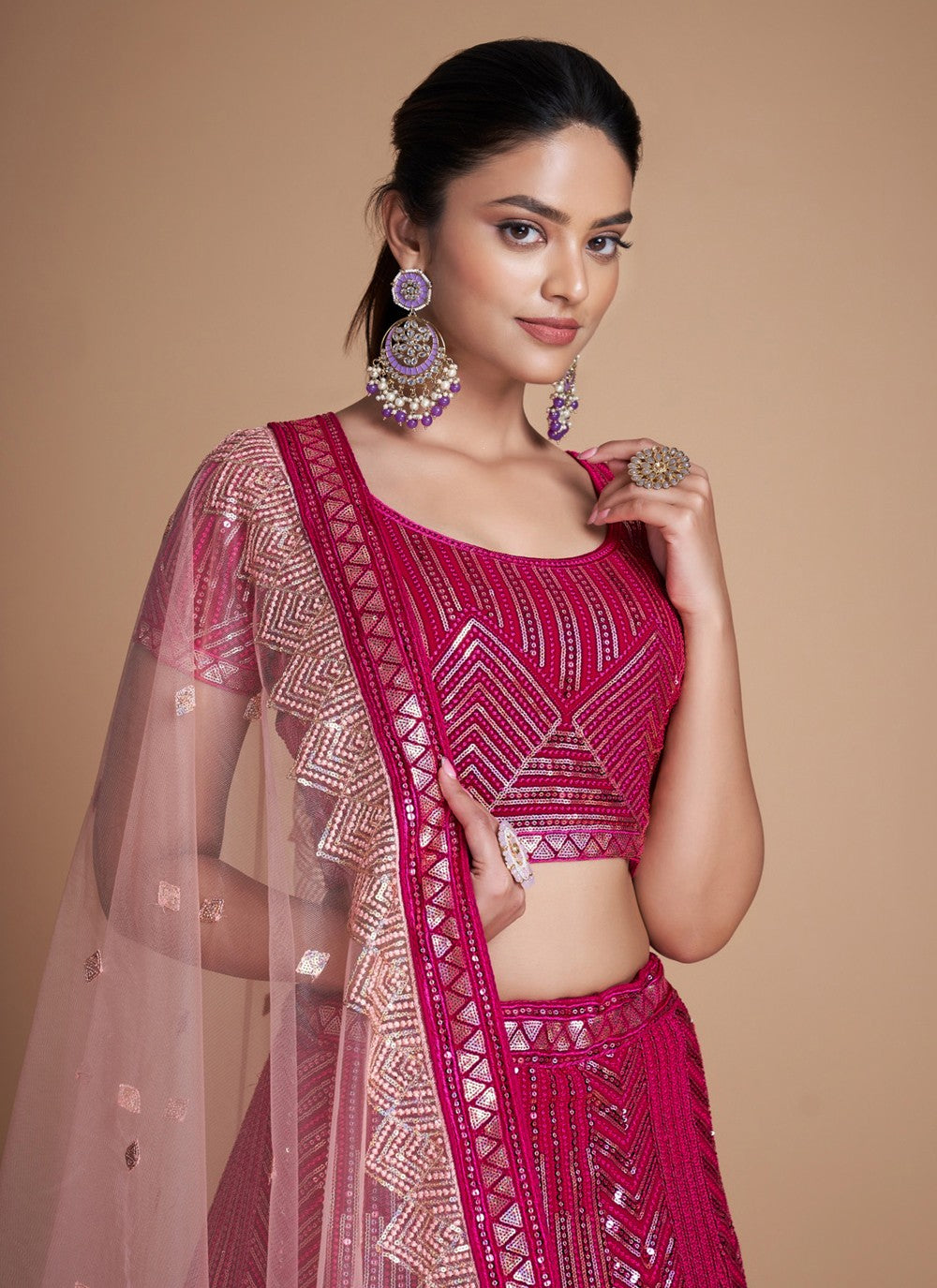 Pink Pakistani Georgette Lehenga Choli For Indian Festivals & Weddings - Sequence Embroidery Work, Thread Embroidery Work,