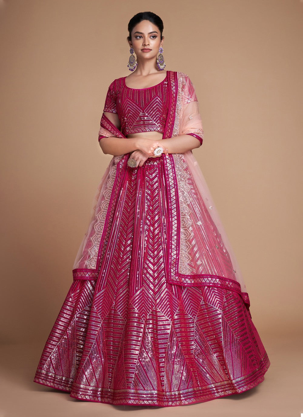 Pink Pakistani Georgette Lehenga Choli For Indian Festivals & Weddings - Sequence Embroidery Work, Thread Embroidery Work,