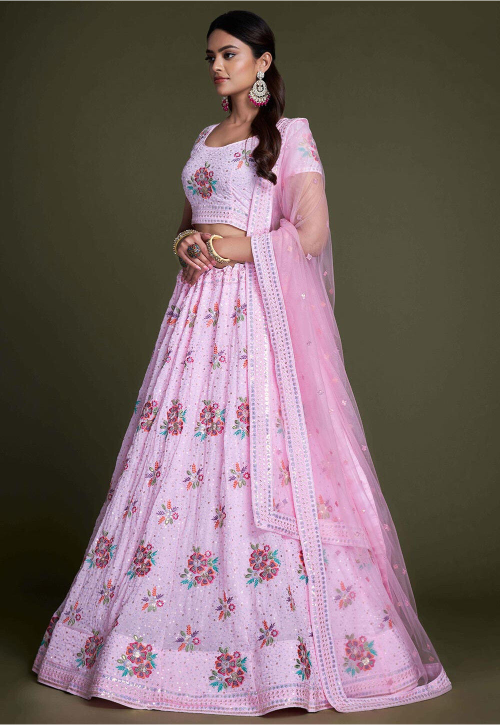 Pink Pakistani Georgette Lehenga Choli For Indian Festivals & Weddings - Sequence Embroidery Work, Thread Embroidery Work,