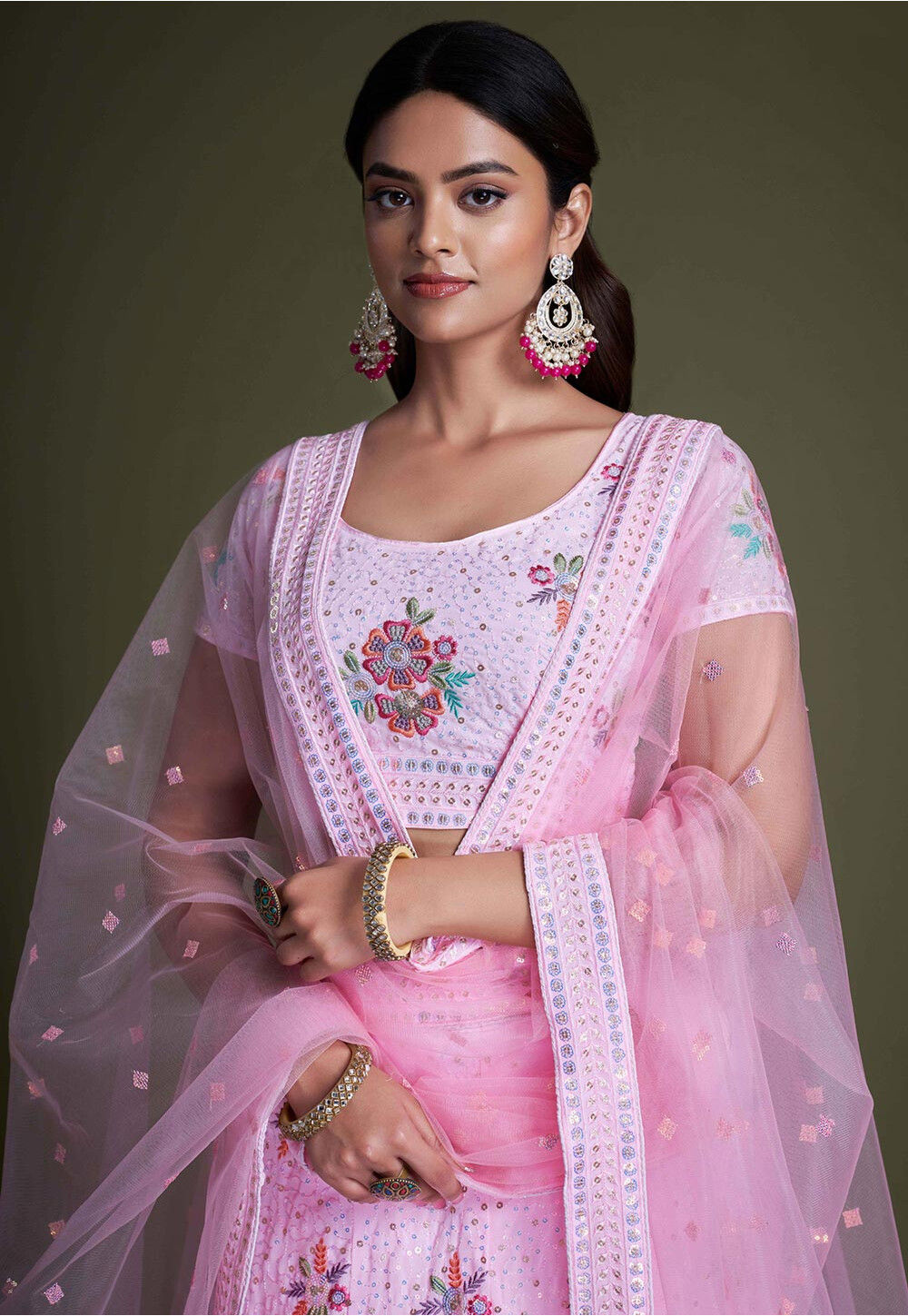 Pink Pakistani Georgette Lehenga Choli For Indian Festivals & Weddings - Sequence Embroidery Work, Thread Embroidery Work,