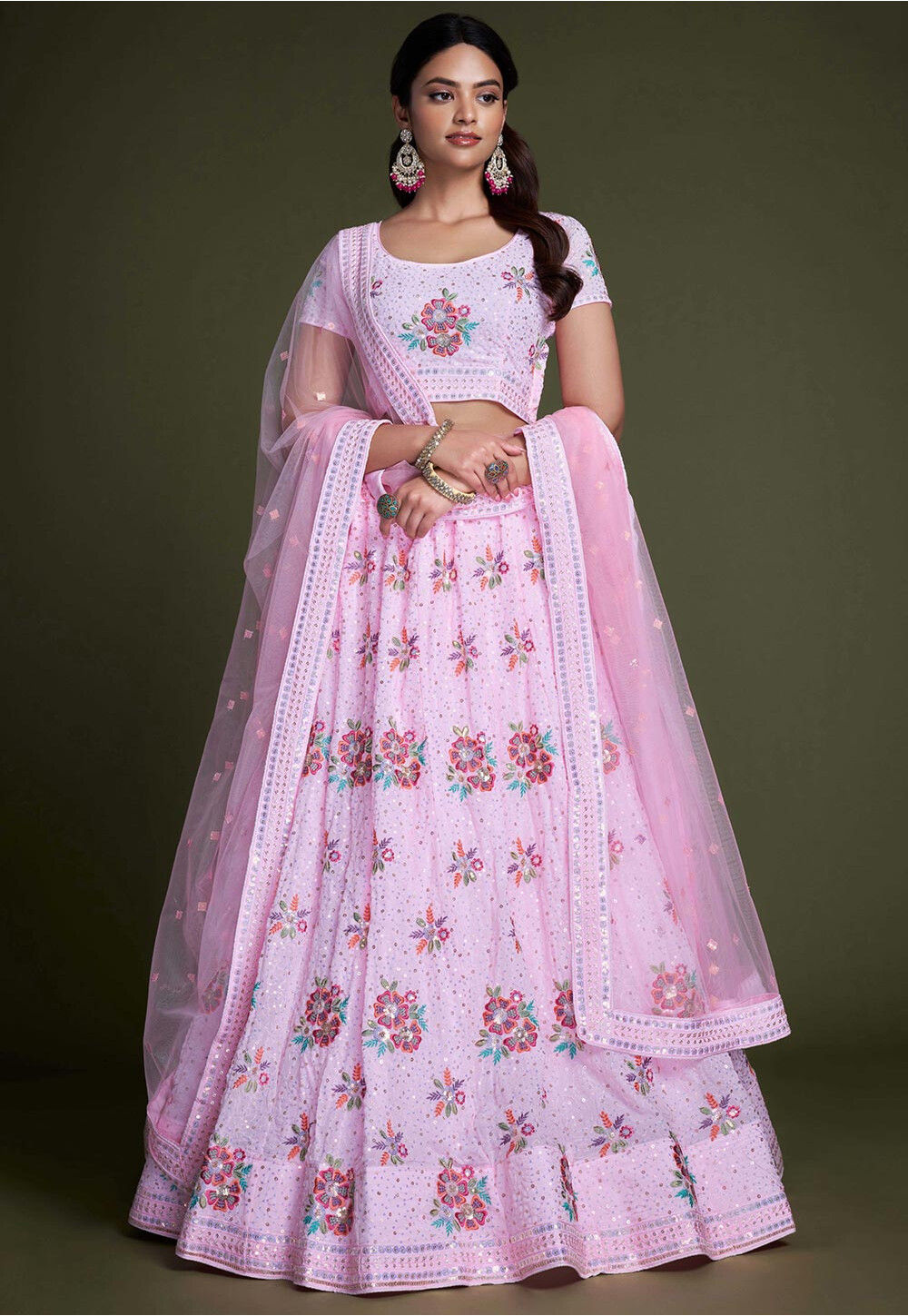 Pink Pakistani Georgette Lehenga Choli For Indian Festivals & Weddings - Sequence Embroidery Work, Thread Embroidery Work,