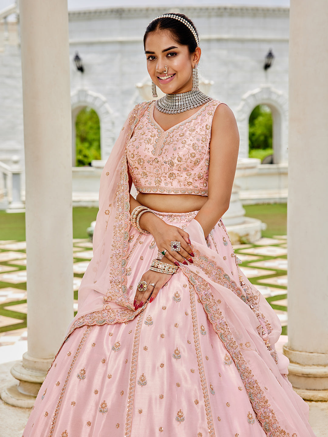 Pink Premium Silk Lehenga Choli with Viscose Organza Dupatta – Sequins, Coding & Thread Embroidery