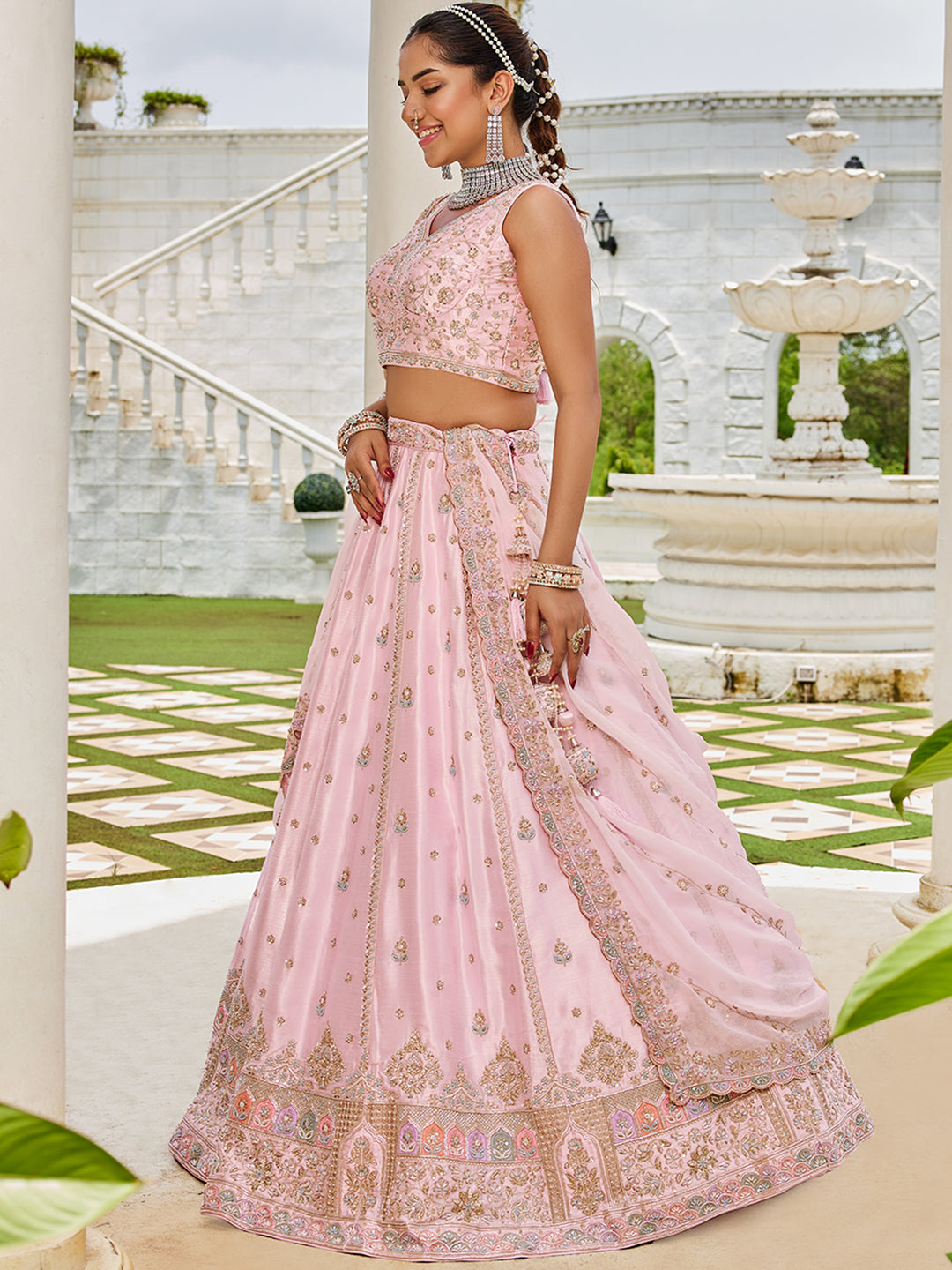 Pink Premium Silk Lehenga Choli with Viscose Organza Dupatta – Sequins, Coding & Thread Embroidery