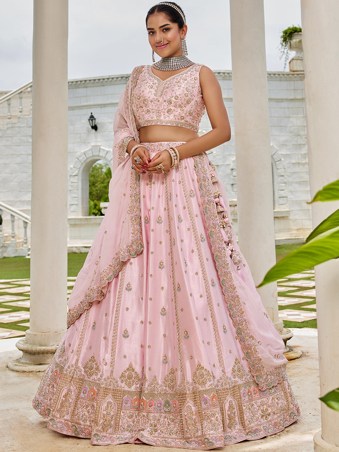 Pink Premium Silk Lehenga Choli with Viscose Organza Dupatta – Sequins, Coding & Thread Embroidery