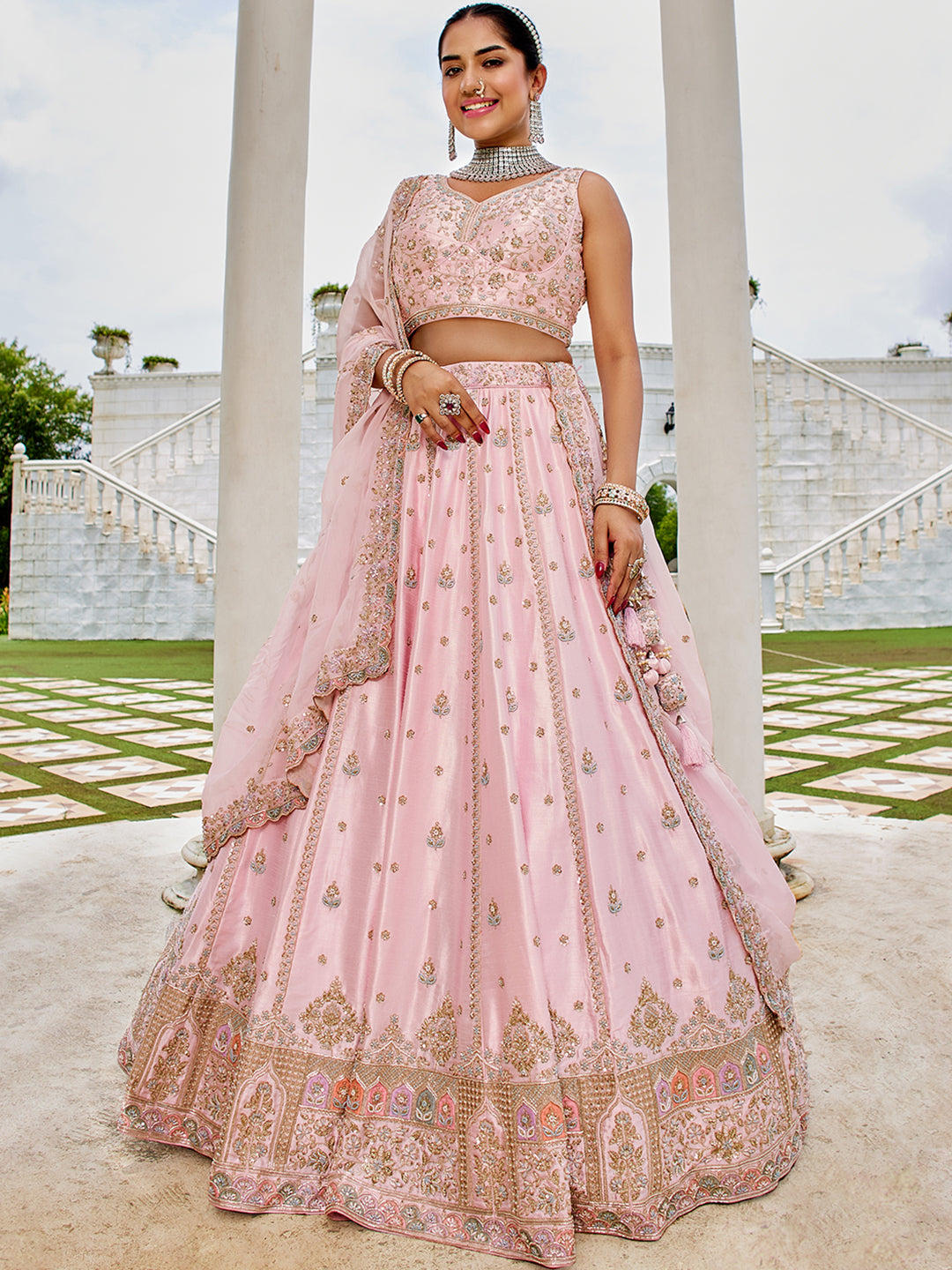 Pink Premium Silk Lehenga Choli with Viscose Organza Dupatta – Sequins, Coding & Thread Embroidery