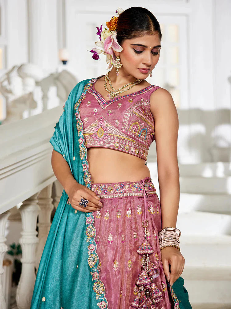 Pink Premium Tissue Sequin Embroidered Lehenga Choli Set with Ethnic Cutwork Dupatta & Handmade Tassels