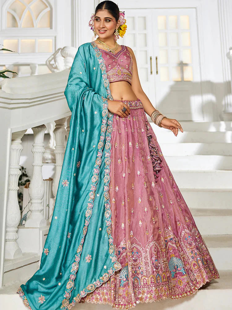 Pink Premium Tissue Sequin Embroidered Lehenga Choli Set with Ethnic Cutwork Dupatta & Handmade Tassels