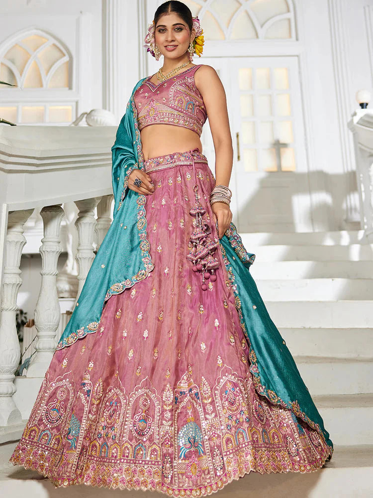 Pink Premium Tissue Sequin Embroidered Lehenga Choli Set with Ethnic Cutwork Dupatta & Handmade Tassels