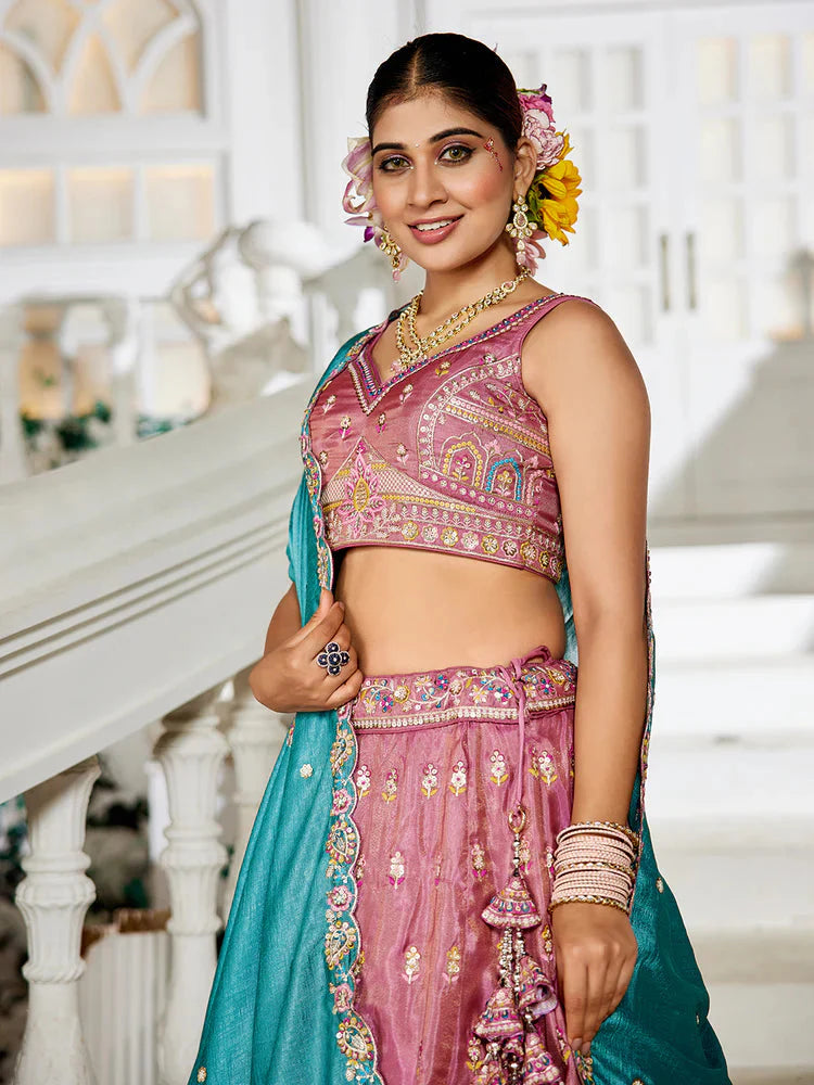 Pink Premium Tissue Sequin Embroidered Lehenga Choli Set with Ethnic Cutwork Dupatta & Handmade Tassels