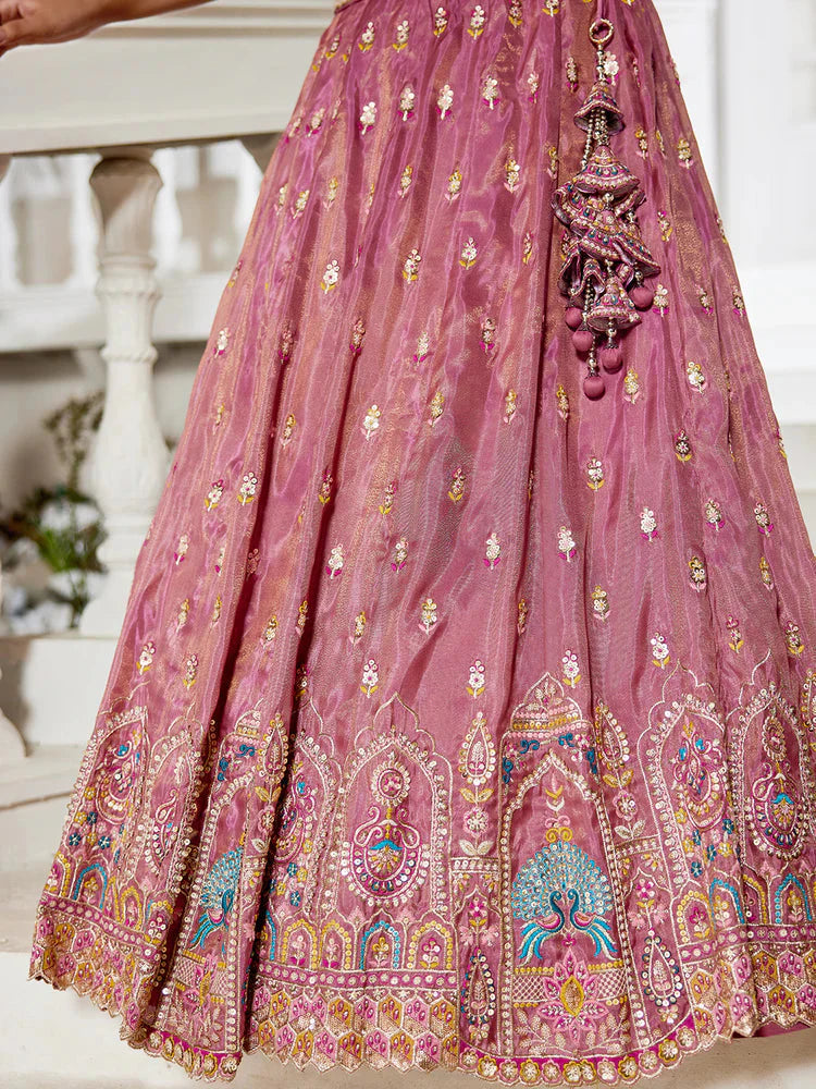 Pink Premium Tissue Sequin Embroidered Lehenga Choli Set with Ethnic Cutwork Dupatta & Handmade Tassels