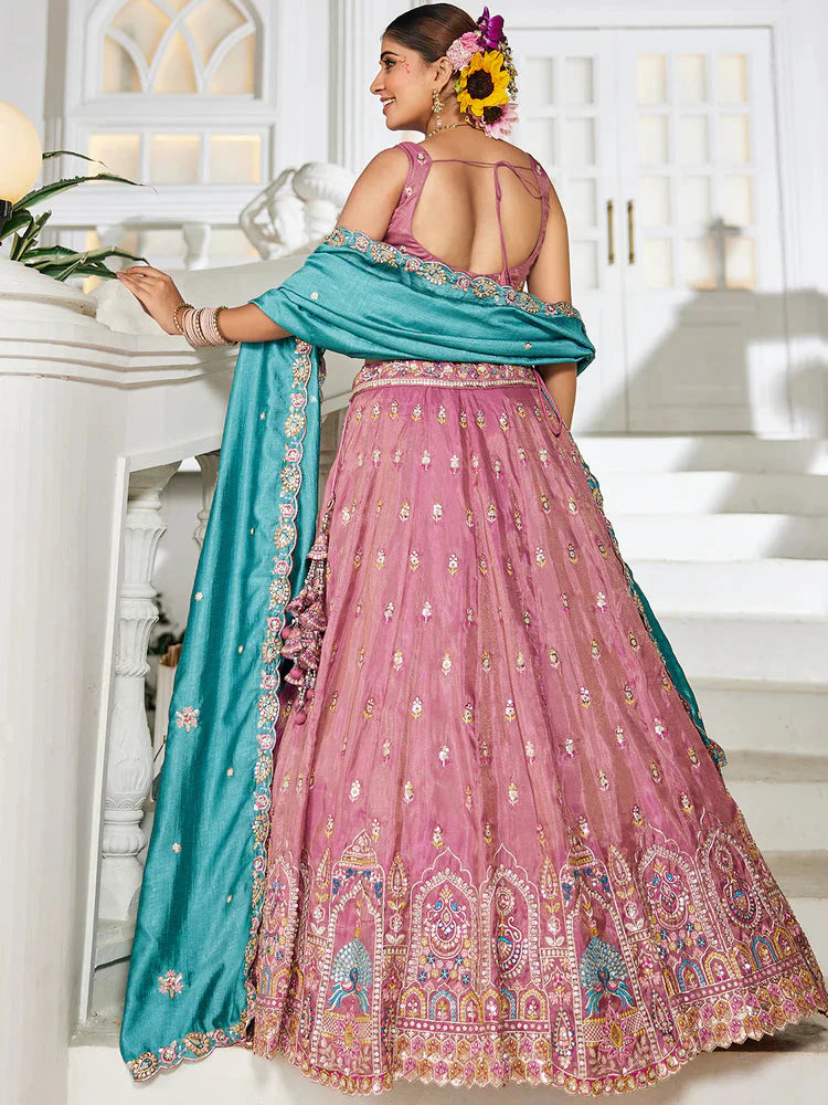 Pink Premium Tissue Sequin Embroidered Lehenga Choli Set with Ethnic Cutwork Dupatta & Handmade Tassels