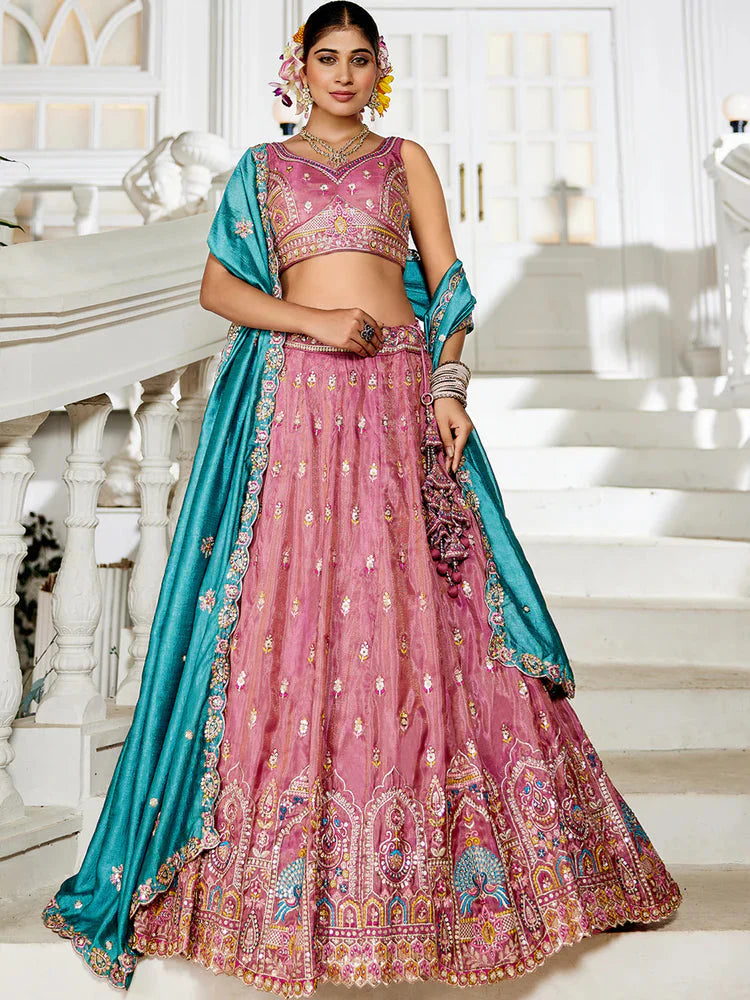 Pink Premium Tissue Sequin Embroidered Lehenga Choli Set with Ethnic Cutwork Dupatta & Handmade Tassels