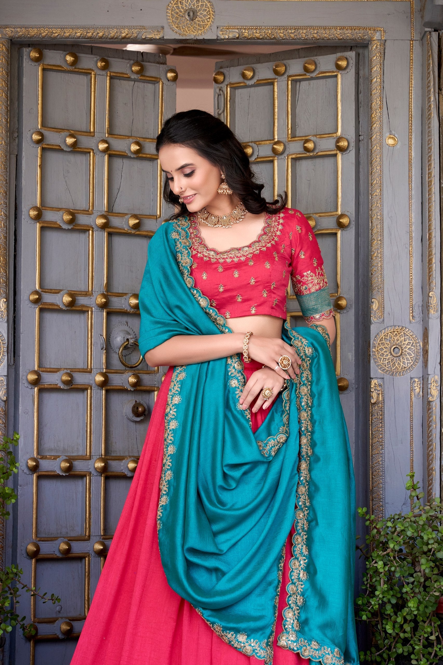 Pink Premium Vichitra Silk Lehenga Set with Zari & Sequin Detailing – 3-Piece Ensemble