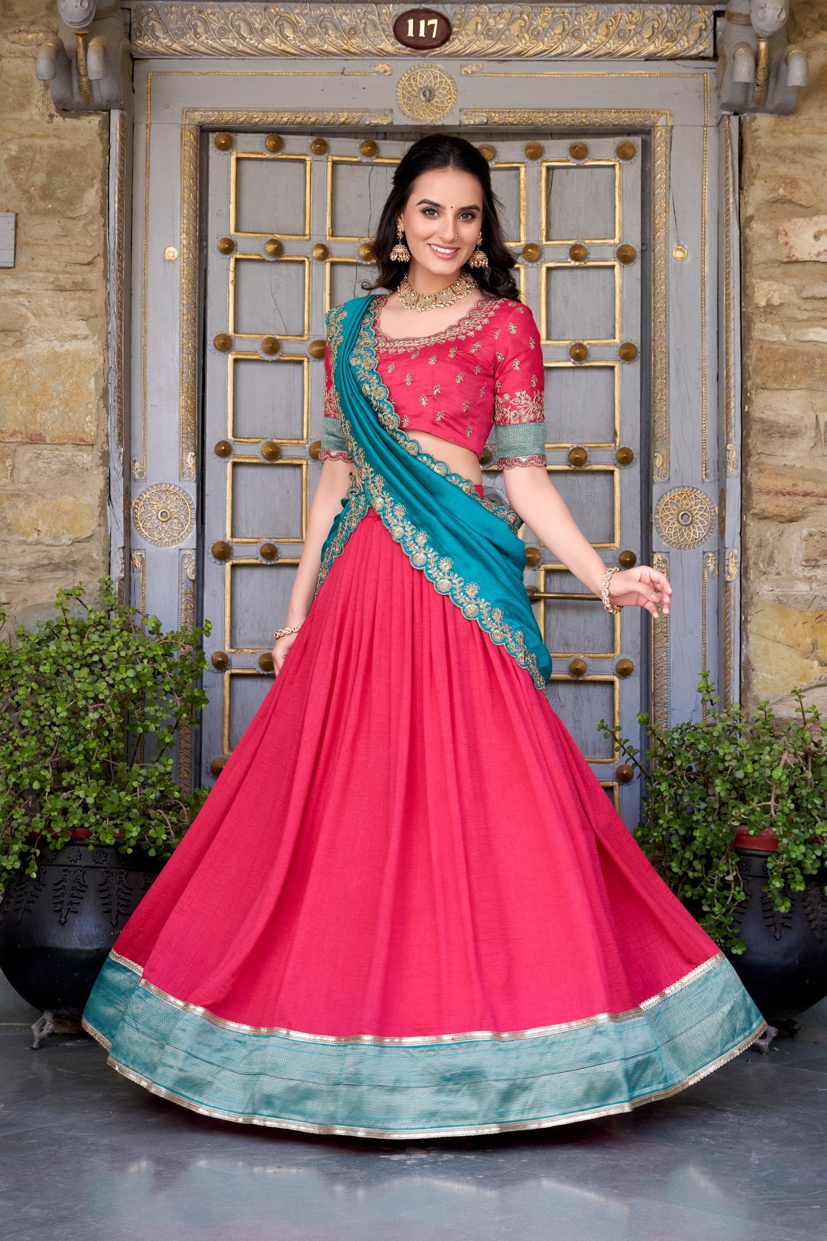 Pink Premium Vichitra Silk Lehenga Set with Zari & Sequin Detailing – 3-Piece Ensemble