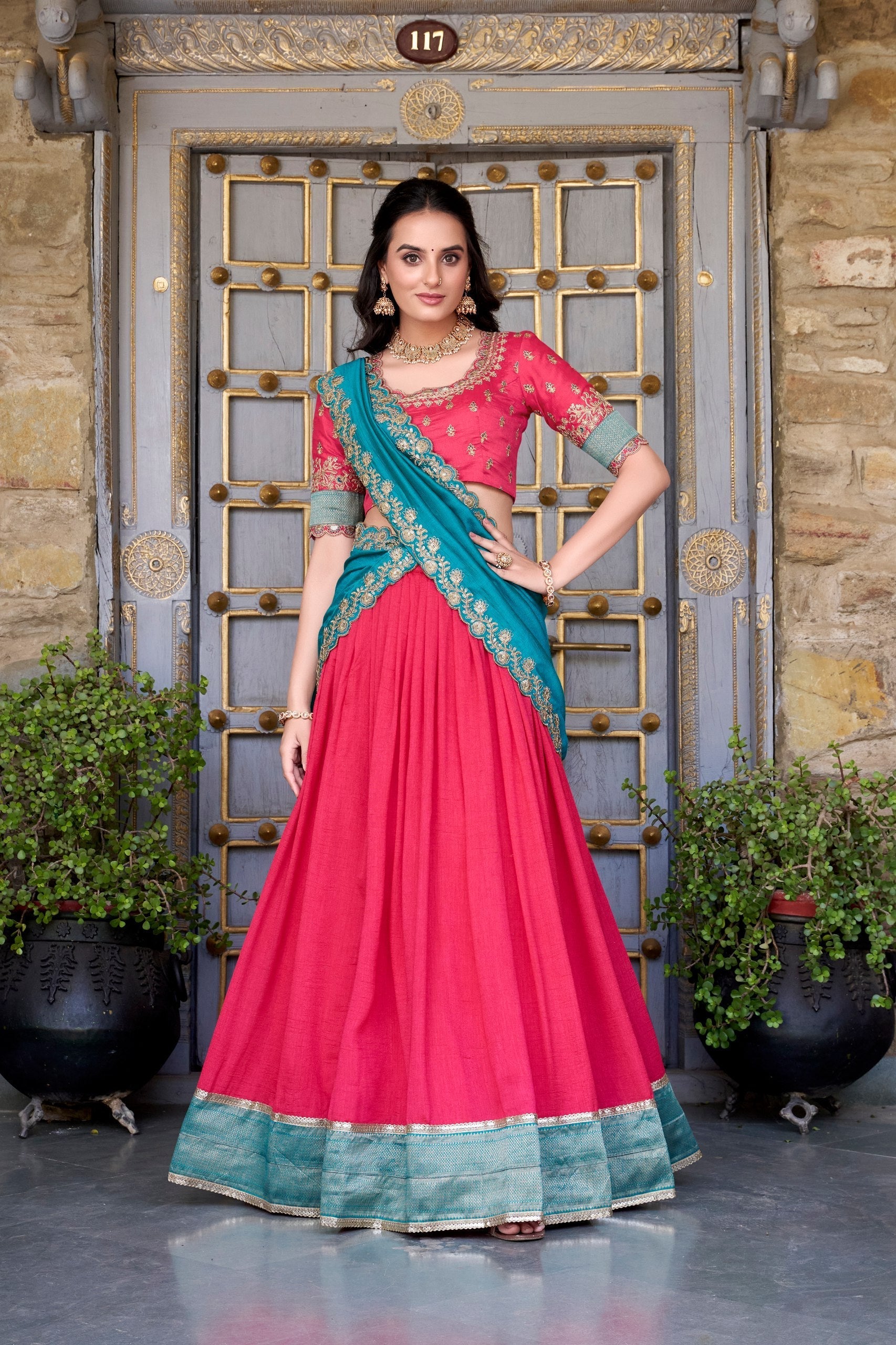 Pink Premium Vichitra Silk Lehenga Set with Zari & Sequin Detailing – 3-Piece Ensemble