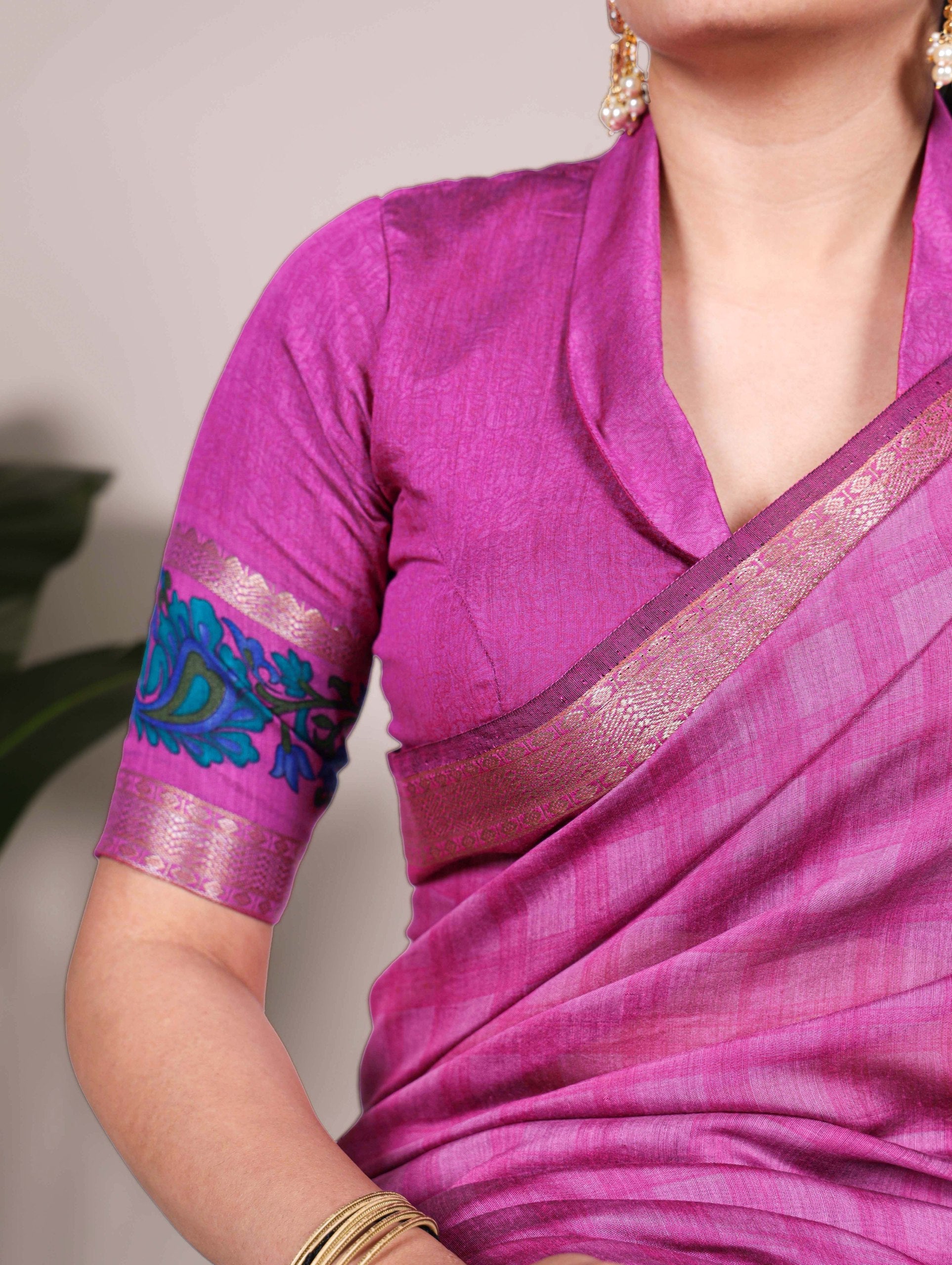 Pink Printed Chanderi Saree with Zari Weaving Work | Polyester Viscose