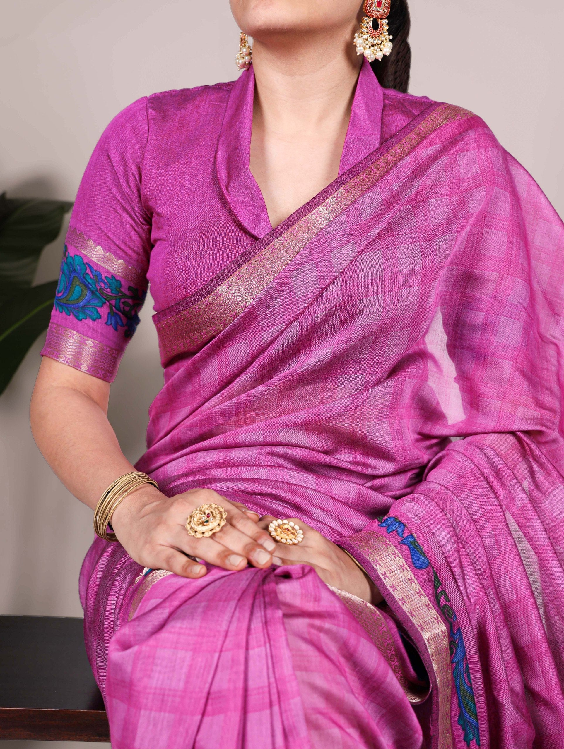 Pink Printed Chanderi Saree with Zari Weaving Work | Polyester Viscose