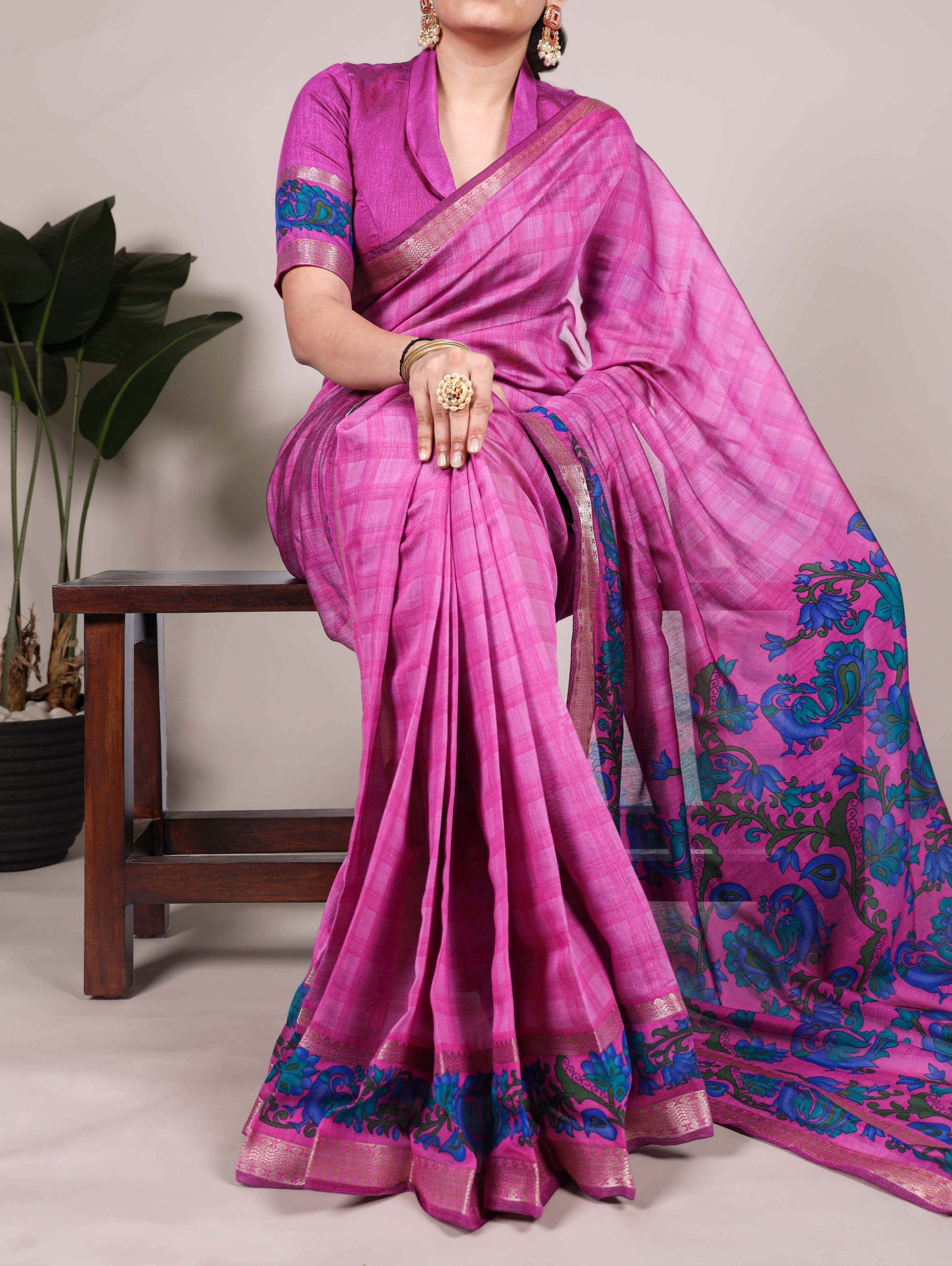 Pink Printed Chanderi Saree with Zari Weaving Work | Polyester Viscose