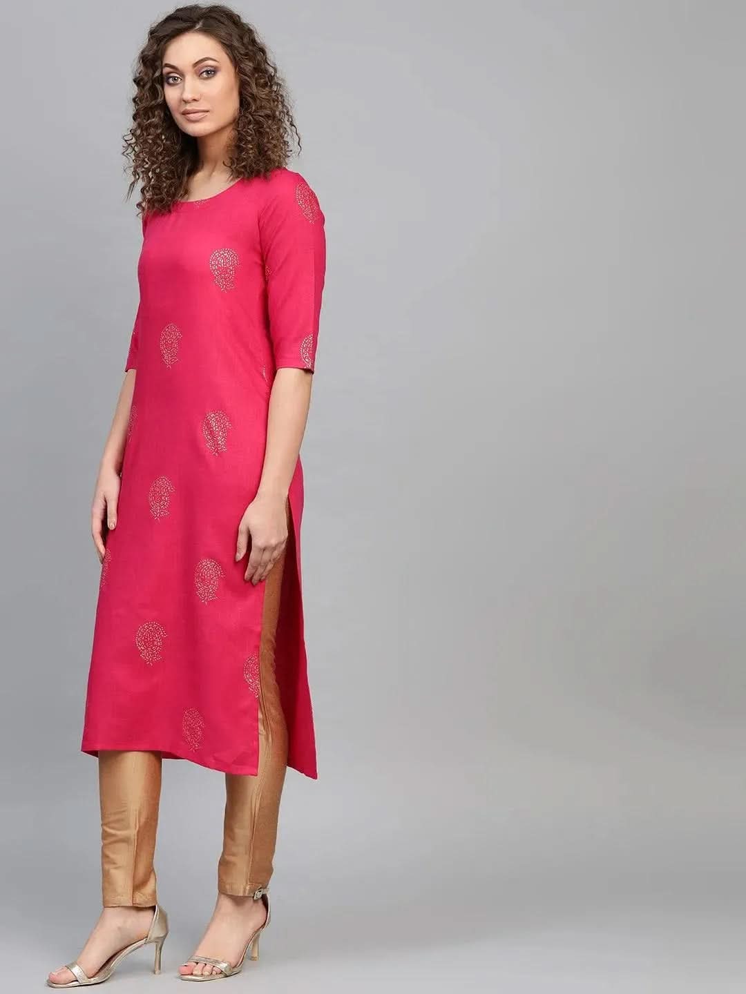 Anouk Pink Printed Cotton Kurta