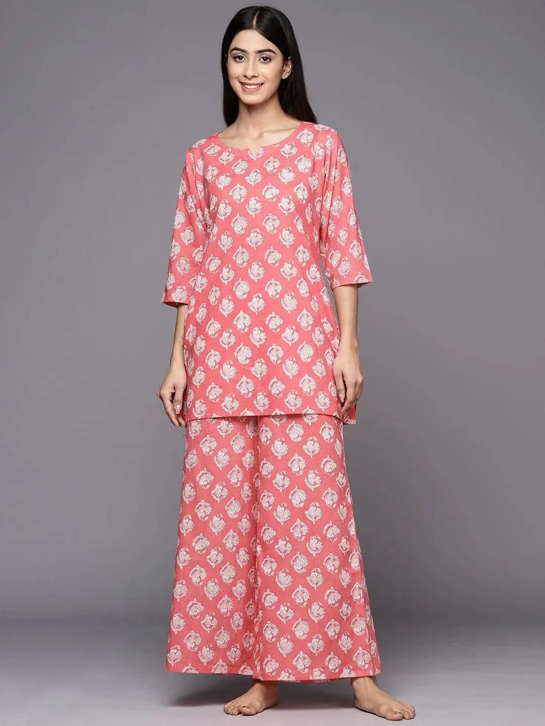 Anouk Pink Printed Cotton Night Suit