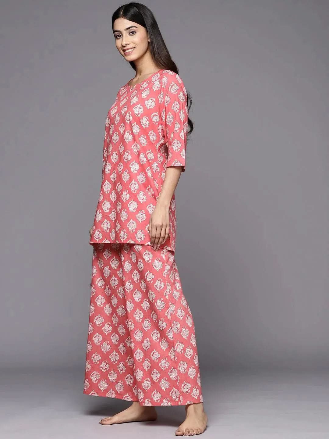 Anouk Pink Printed Cotton Night Suit