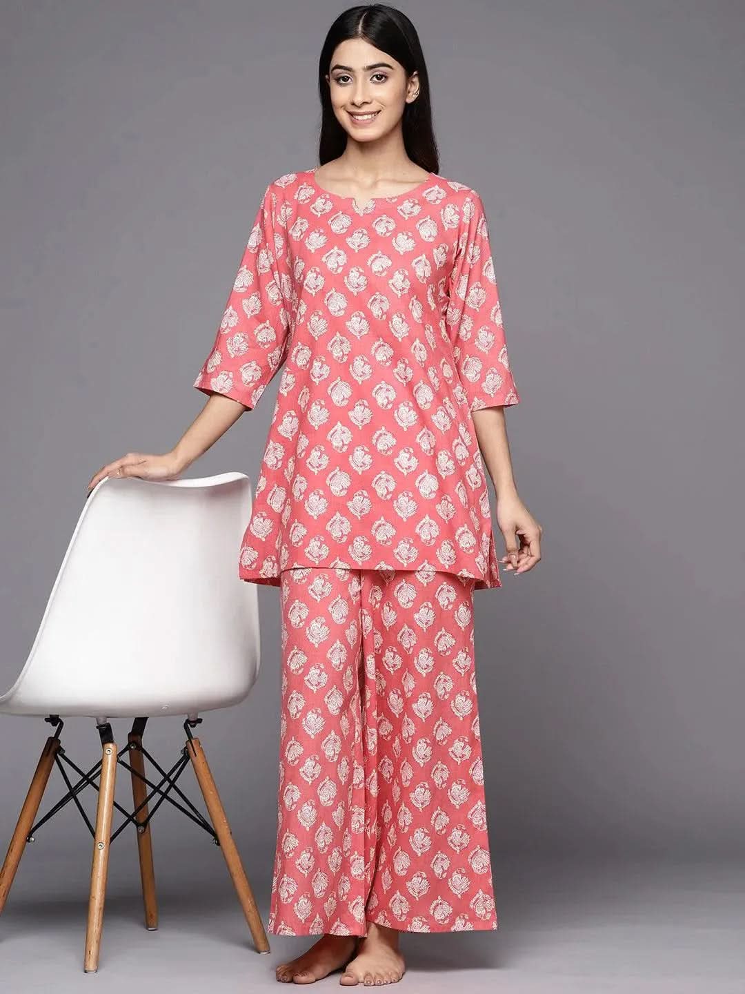 Anouk Pink Printed Cotton Night Suit