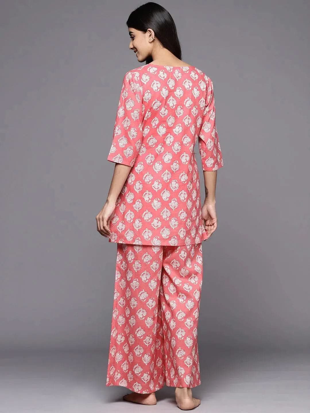 Anouk Pink Printed Cotton Night Suit