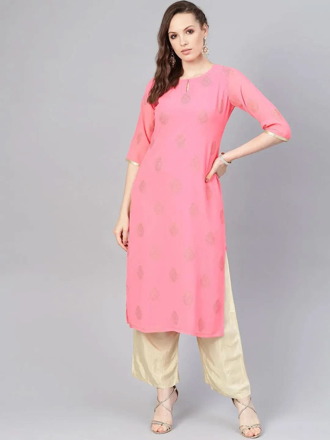 Anouk Pink Printed Georgette Straight Kurta With Palazzos