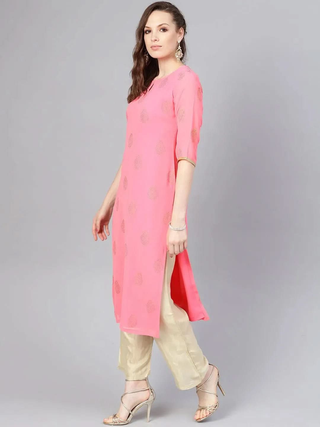 Anouk Pink Printed Georgette Straight Kurta With Palazzos