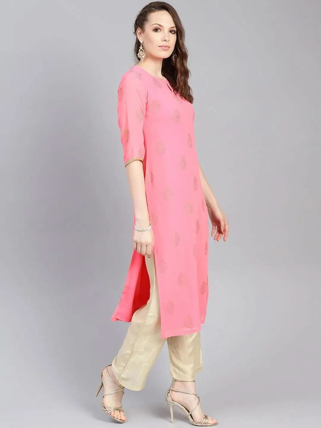 Anouk Pink Printed Georgette Straight Kurta With Palazzos