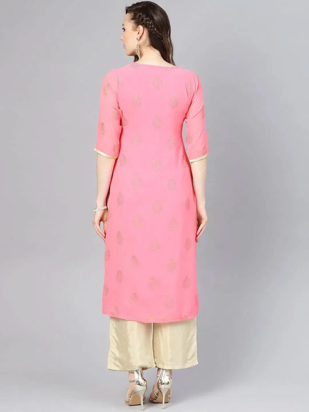 Anouk Pink Printed Georgette Straight Kurta With Palazzos