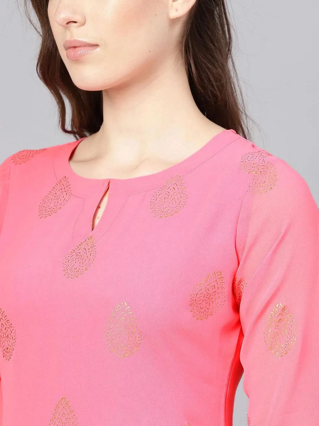 Anouk Pink Printed Georgette Straight Kurta With Palazzos