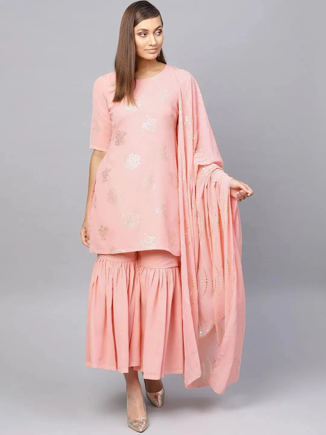 Anouk Pink Printed Georgette Straight Kurta With Sharara & Dupatta
