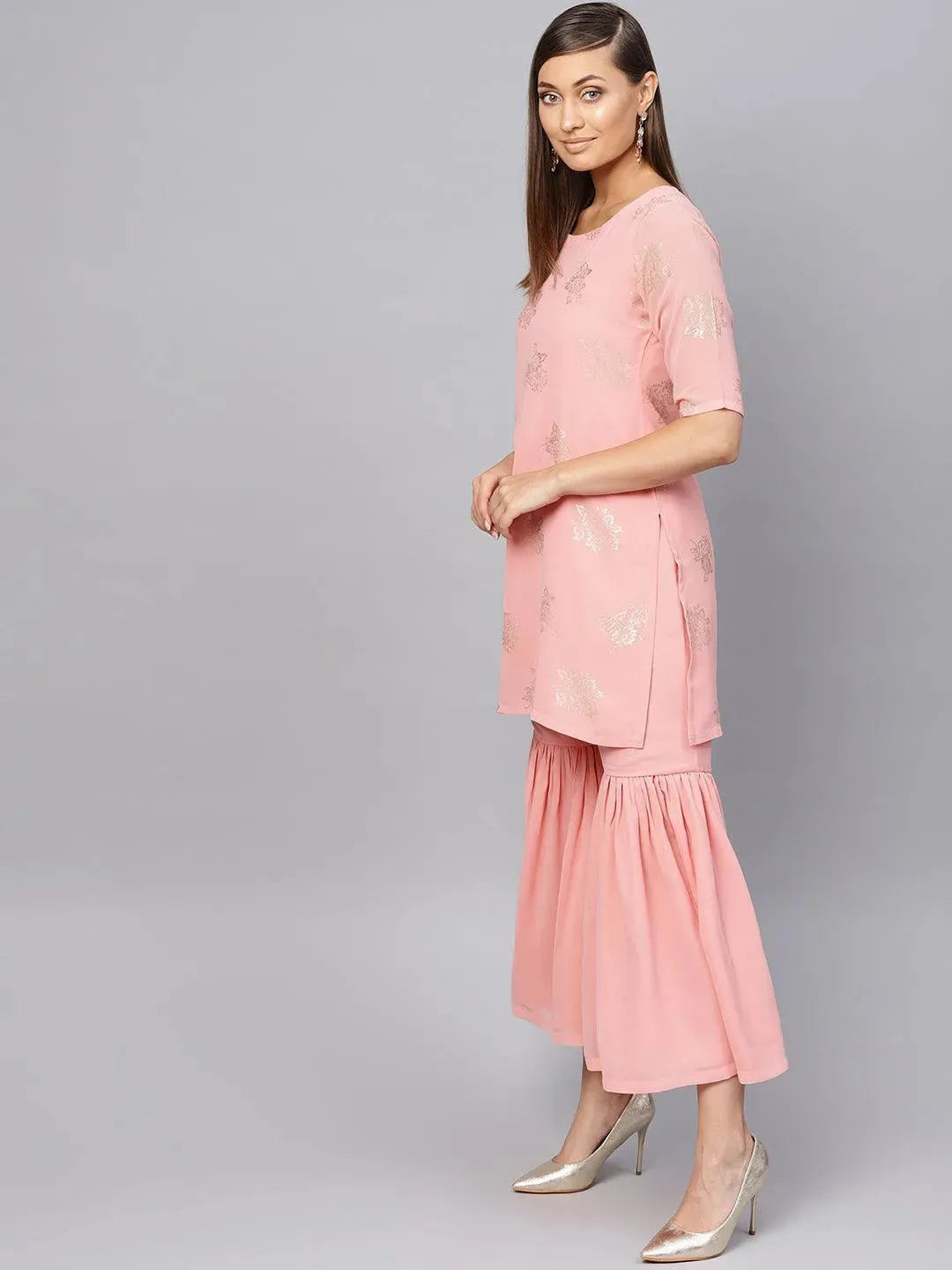 Anouk Pink Printed Georgette Straight Kurta With Sharara & Dupatta