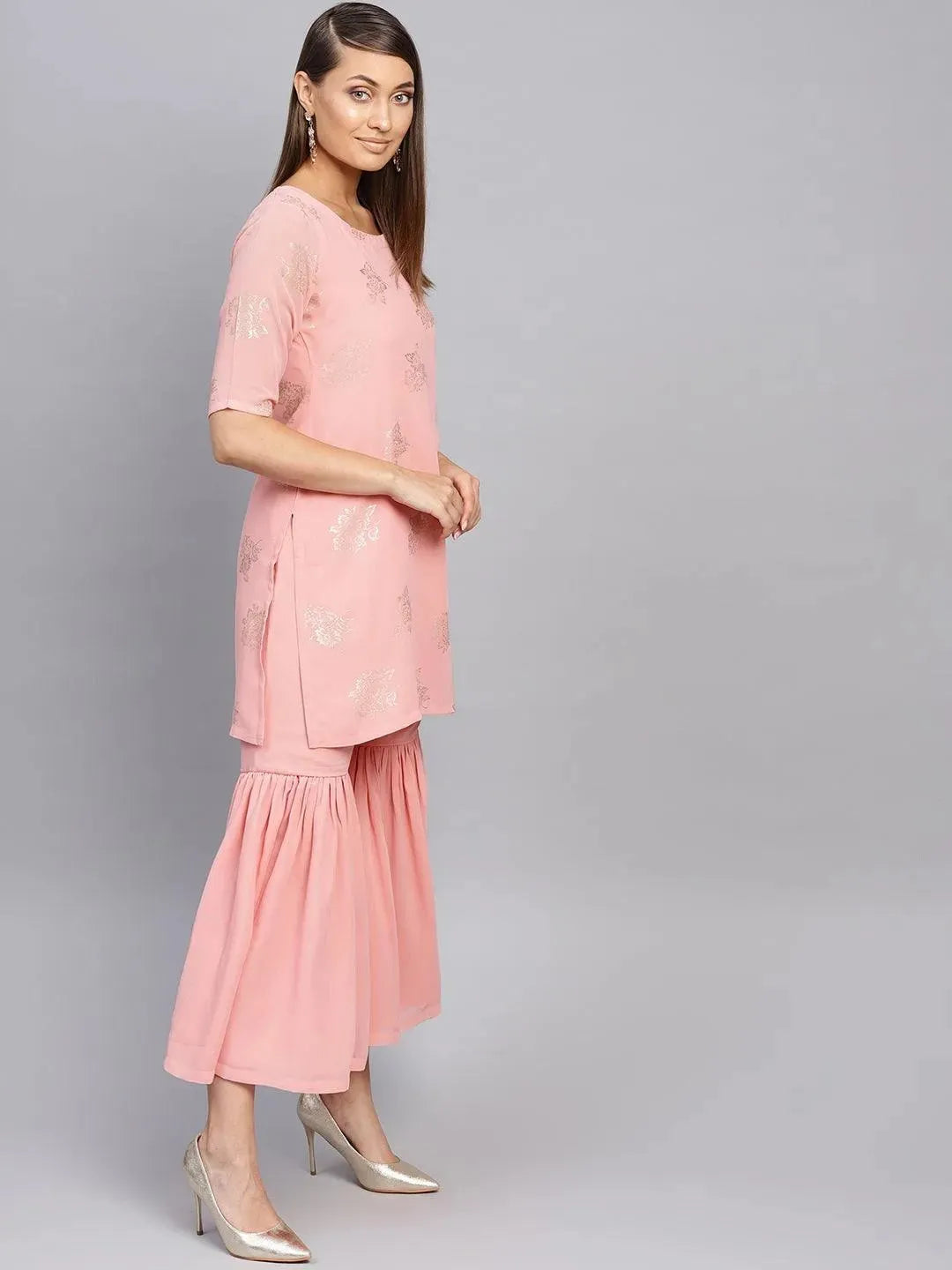Anouk Pink Printed Georgette Straight Kurta With Sharara & Dupatta