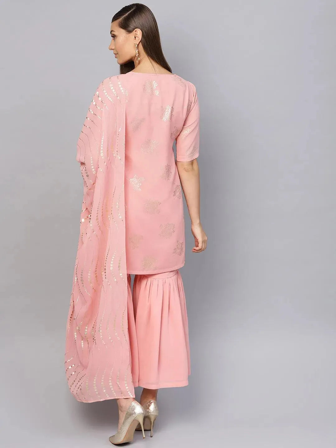 Anouk Pink Printed Georgette Straight Kurta With Sharara & Dupatta