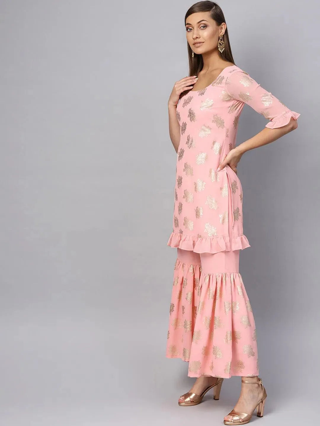 Anouk Pink Printed Georgette Straight Kurta With Sharara & Stole