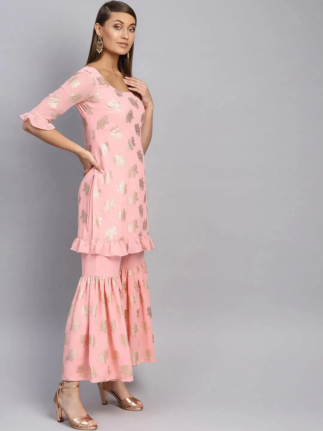 Anouk Pink Printed Georgette Straight Kurta With Sharara & Stole