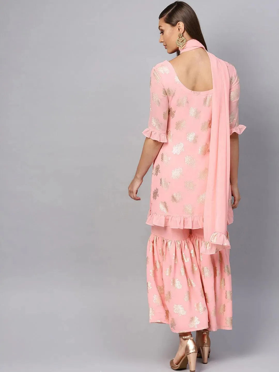 Anouk Pink Printed Georgette Straight Kurta With Sharara & Stole