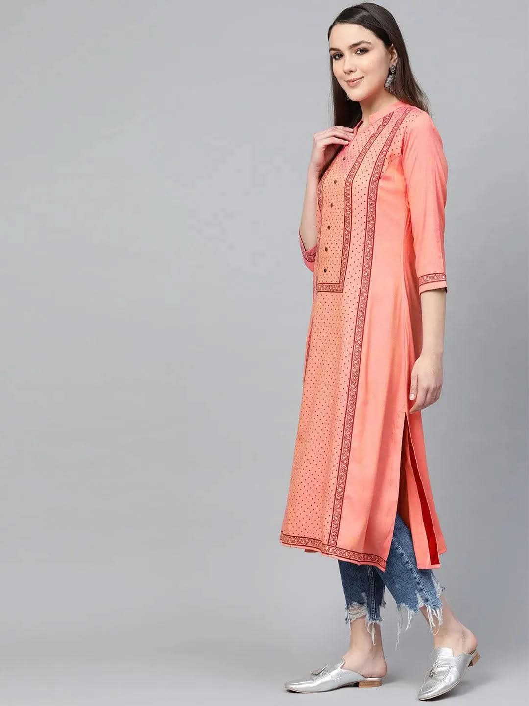 Anouk Pink Printed Rayon Kurta