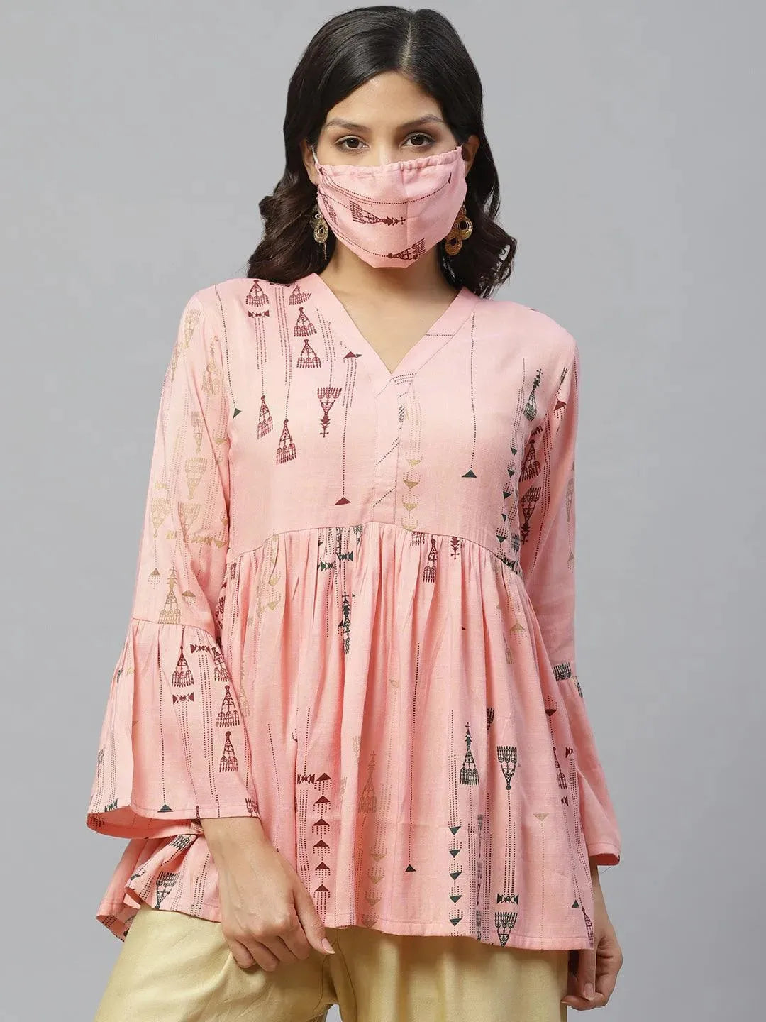 Anouk Pink Printed Rayon Kurti With Mask