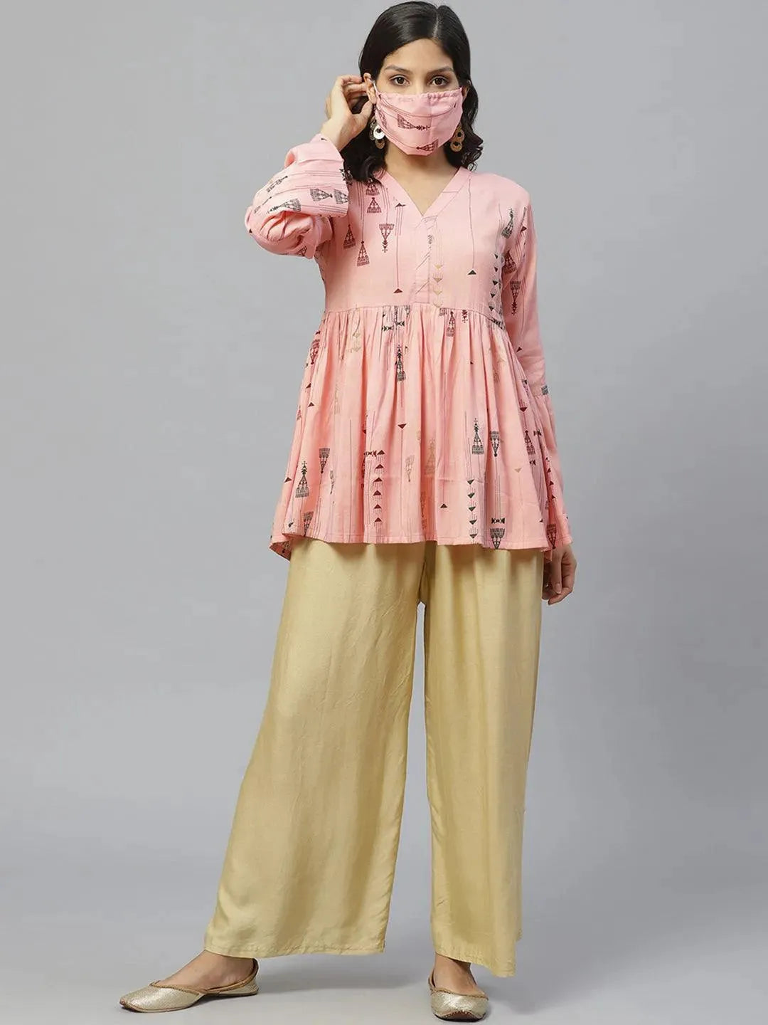 Anouk Pink Printed Rayon Kurti With Mask