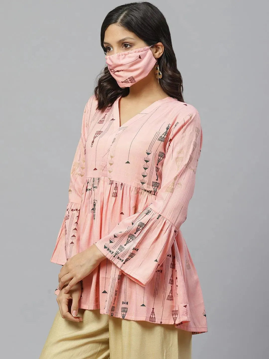 Anouk Pink Printed Rayon Kurti With Mask