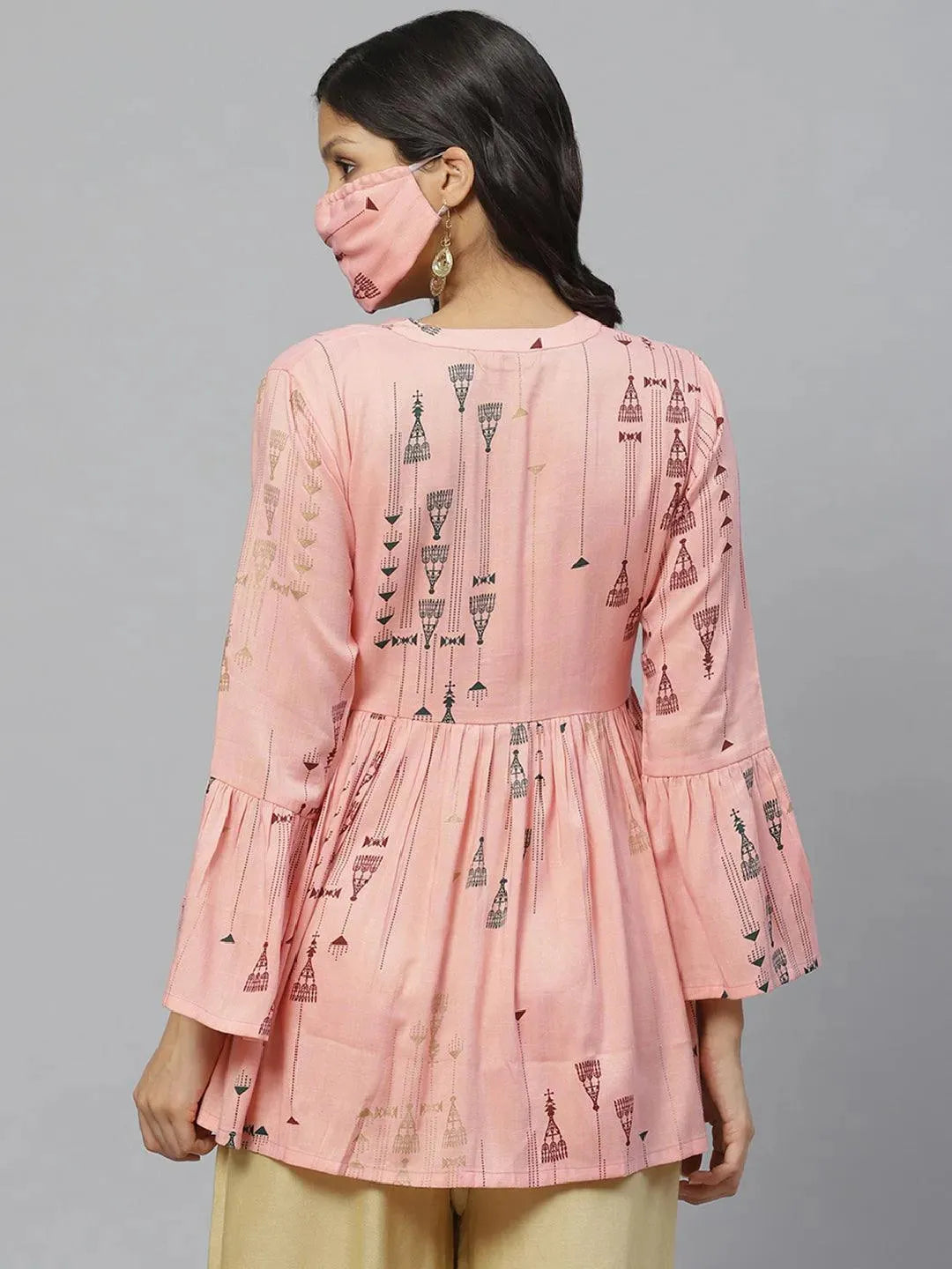 Anouk Pink Printed Rayon Kurti With Mask