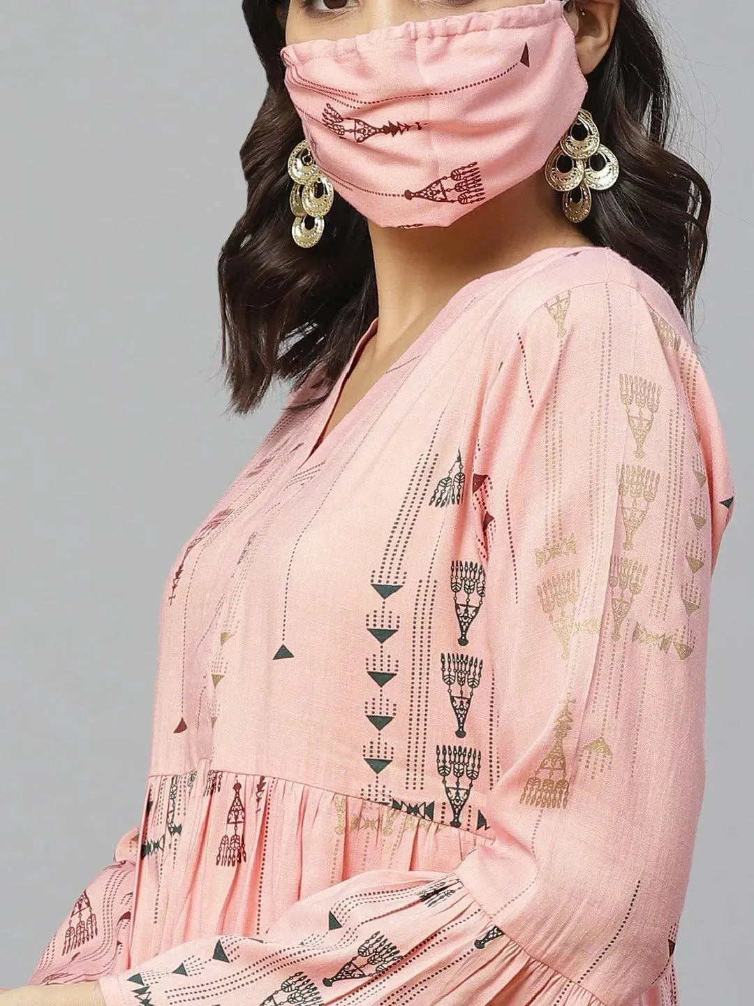 Anouk Pink Printed Rayon Kurti With Mask
