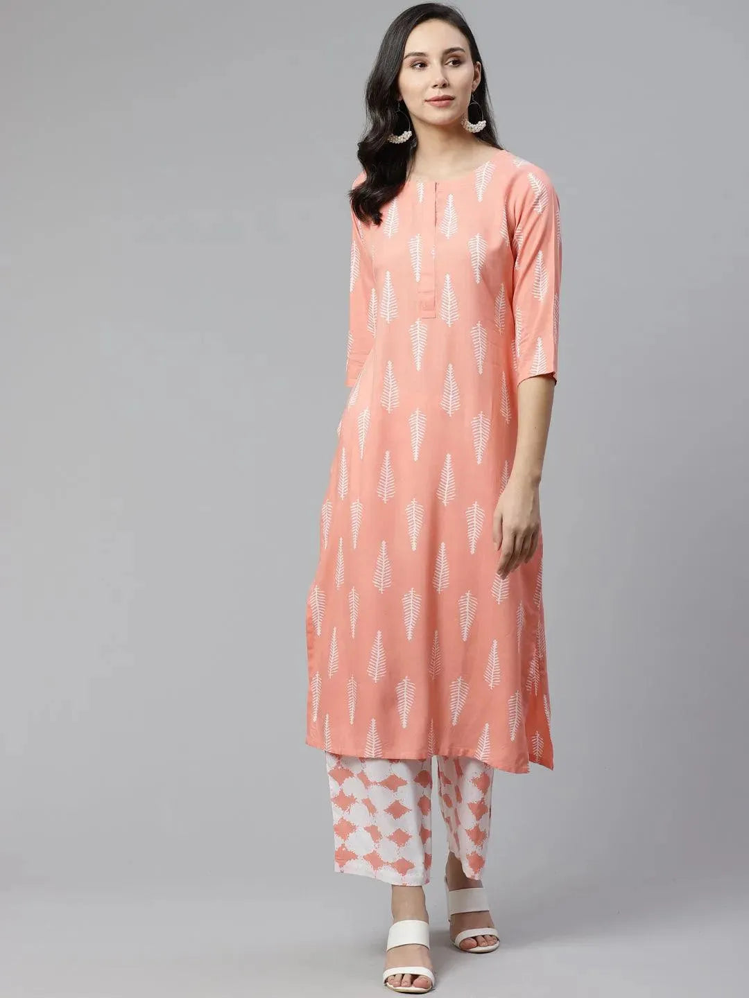 Anouk Pink Printed Rayon Straight Kurta With Palazzos