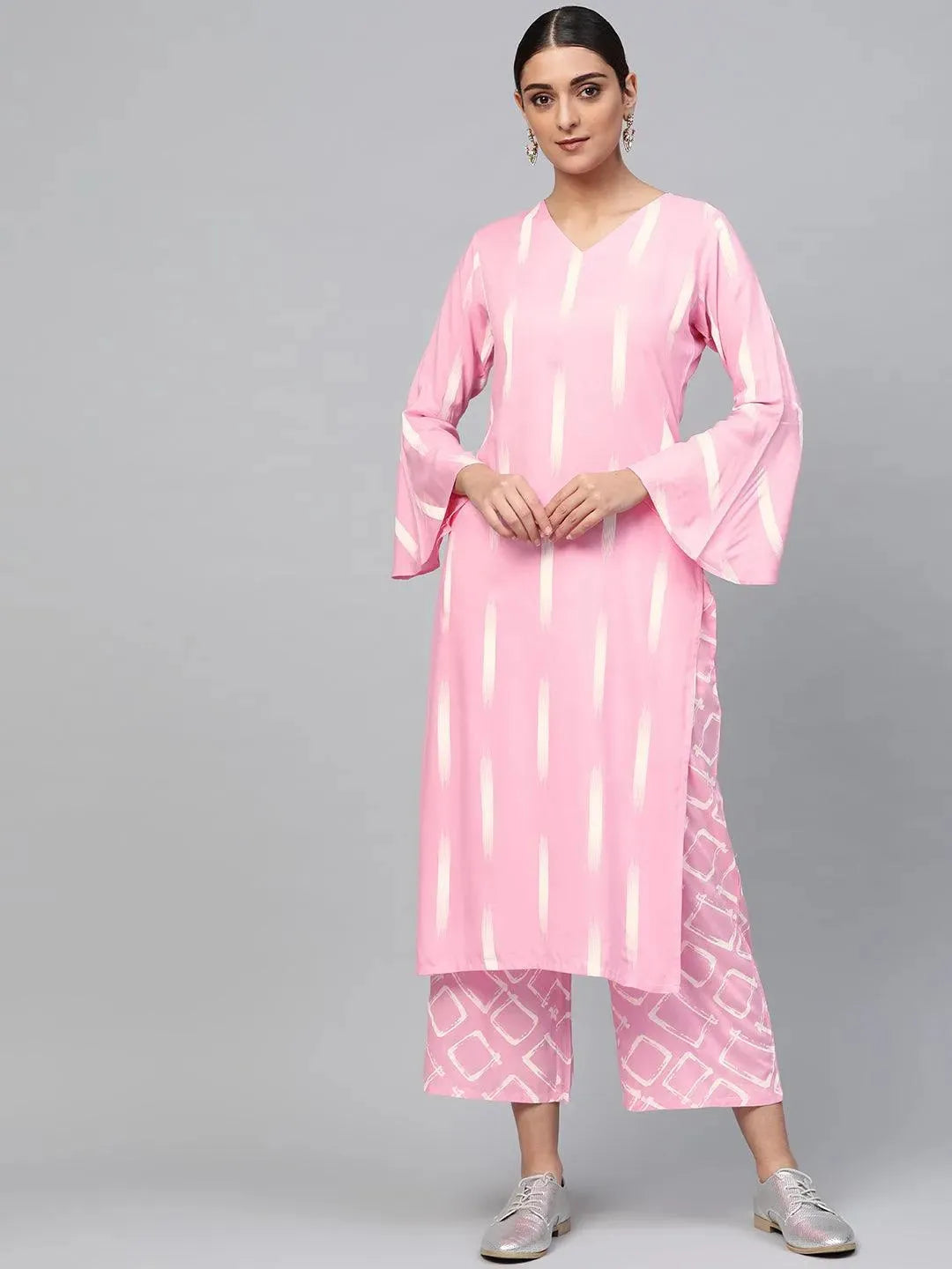 Anouk Pink Printed Rayon Straight Kurta With Palazzos