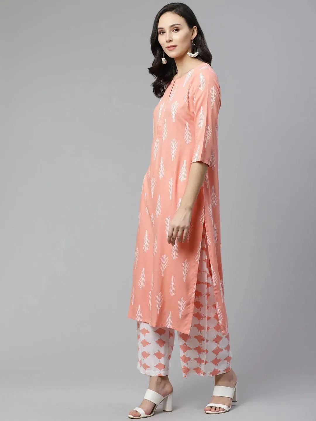 Anouk Pink Printed Rayon Straight Kurta With Palazzos
