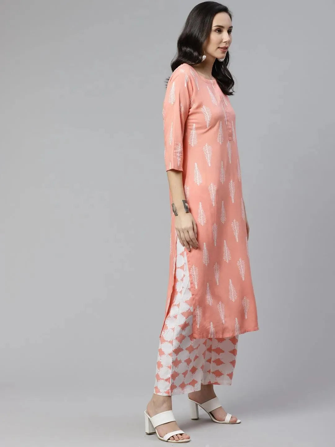 Anouk Pink Printed Rayon Straight Kurta With Palazzos
